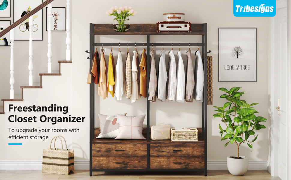 Freestanding Closet Organizer, Garment Rack with Drawers & Shelves