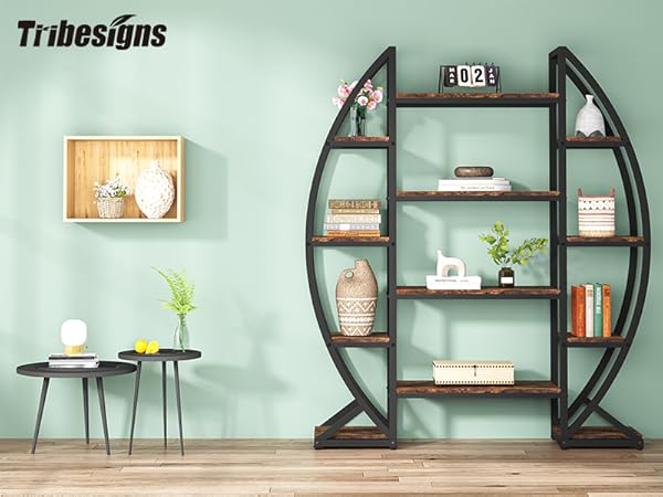 Industrial Bookshelf, Oval Triple Wide Etagere Bookcases Display Shelves