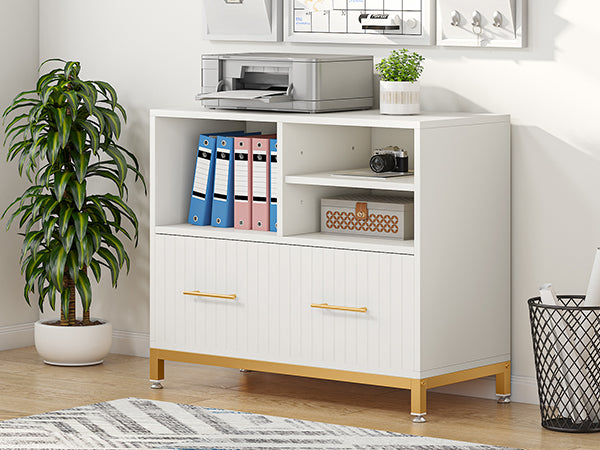 Lateral File Cabinet Printer Stand with Drawer & Open Storage Spaces