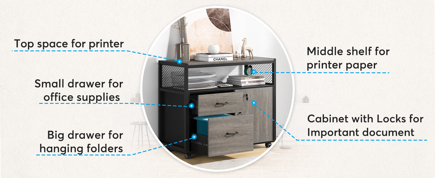 Lockable File Cabinet Printer Stand with Drawers & Caster