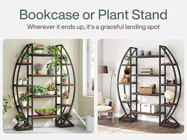 Industrial Bookshelf, Oval Triple Wide Etagere Bookcases Display Shelves
