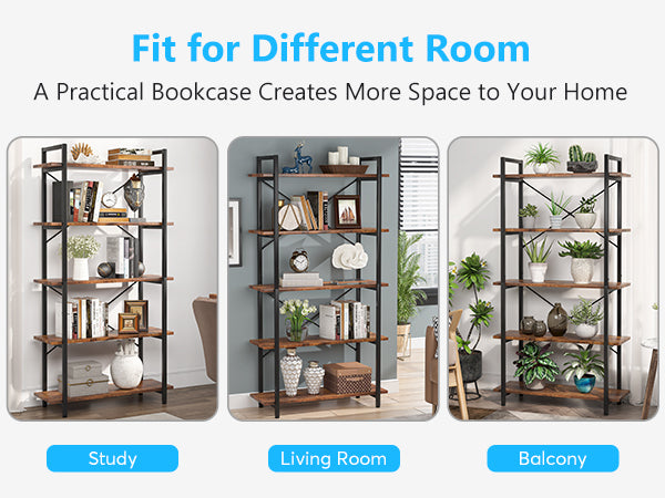5-Tier Bookshelf, Industrial Etagere Brown Bookcase Display Shelf Unit