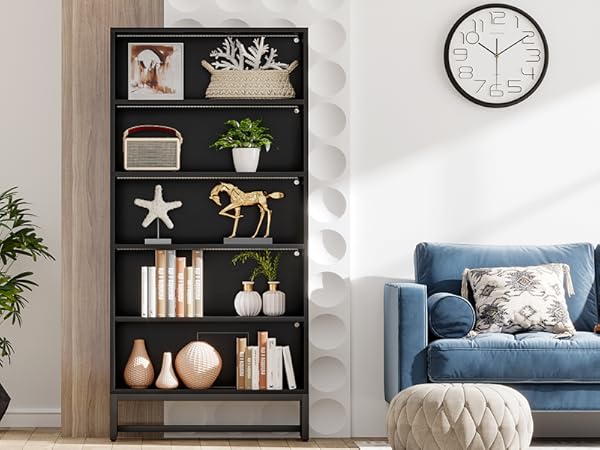70.8" Bookcase with Lights, Large Bookshelf Organizer with 5-Tier Storage Shelves