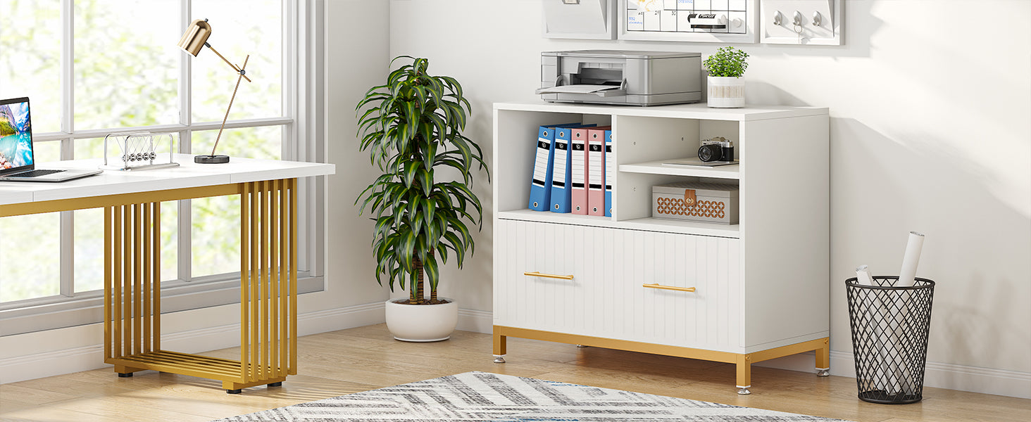 Lateral File Cabinet Printer Stand with Drawer & Open Storage Spaces