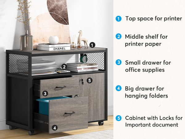 Lockable File Cabinet Printer Stand with Drawers & Caster