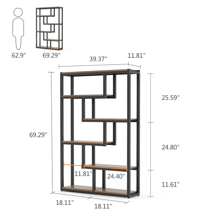 5-Tier Bookshelf, 69" Industrial Etagere Bookcase with Staggered Shelves