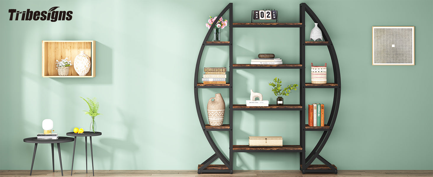 Industrial Bookshelf, Oval Triple Wide Etagere Bookcases Display Shelves