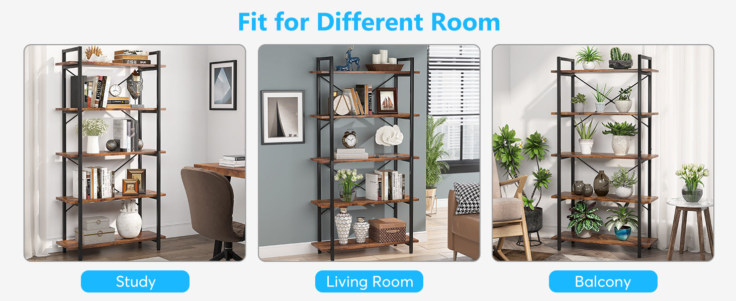 5-Tier Bookshelf, Industrial Etagere Brown Bookcase Display Shelf Unit
