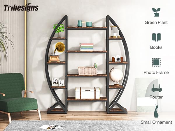 Industrial Bookshelf, Oval Triple Wide Etagere Bookcases Display Shelves