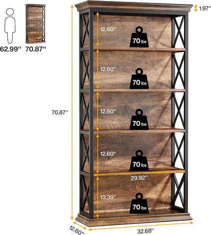 6-Tier Bookshelf, 70.87" Etagere Metal and Wooden Bookcase for Home Office