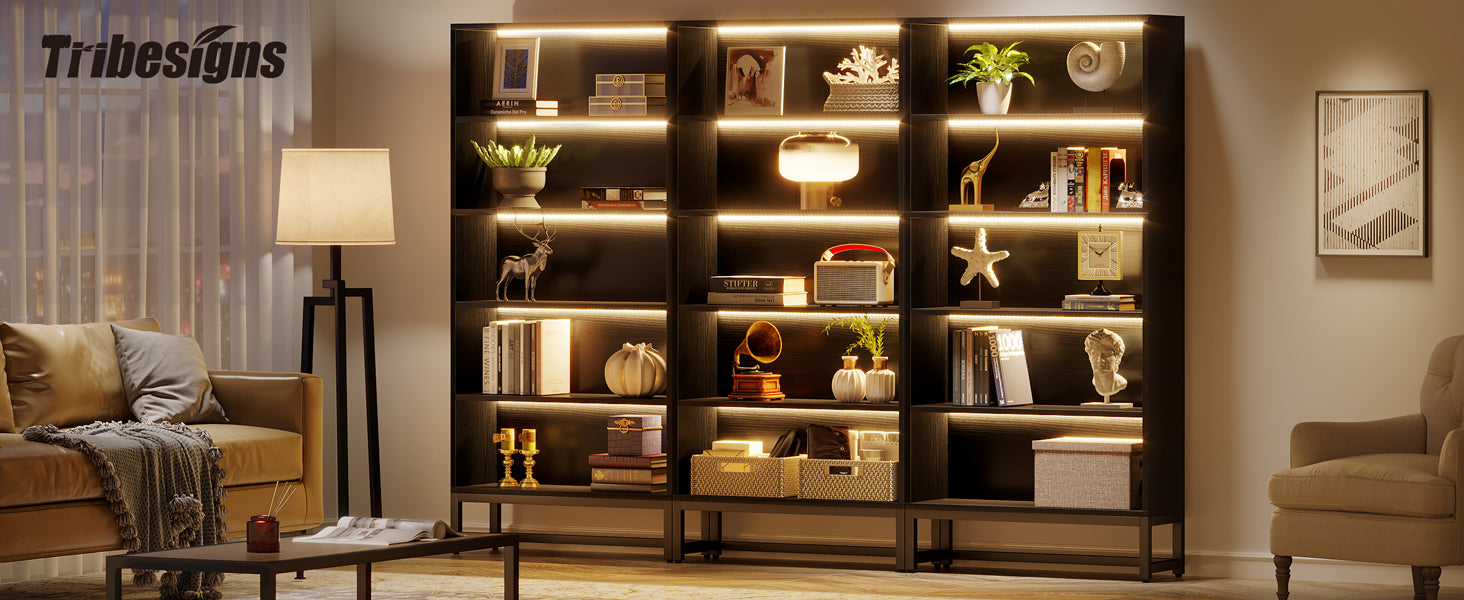 70.8" Bookcase with Lights, Large Bookshelf Organizer with 5-Tier Storage Shelves