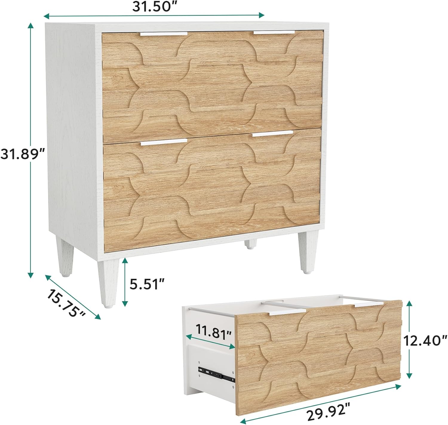 Wood File Cabinet, 2-Drawer Storage Cabinet for A4/Letter/Legal Size