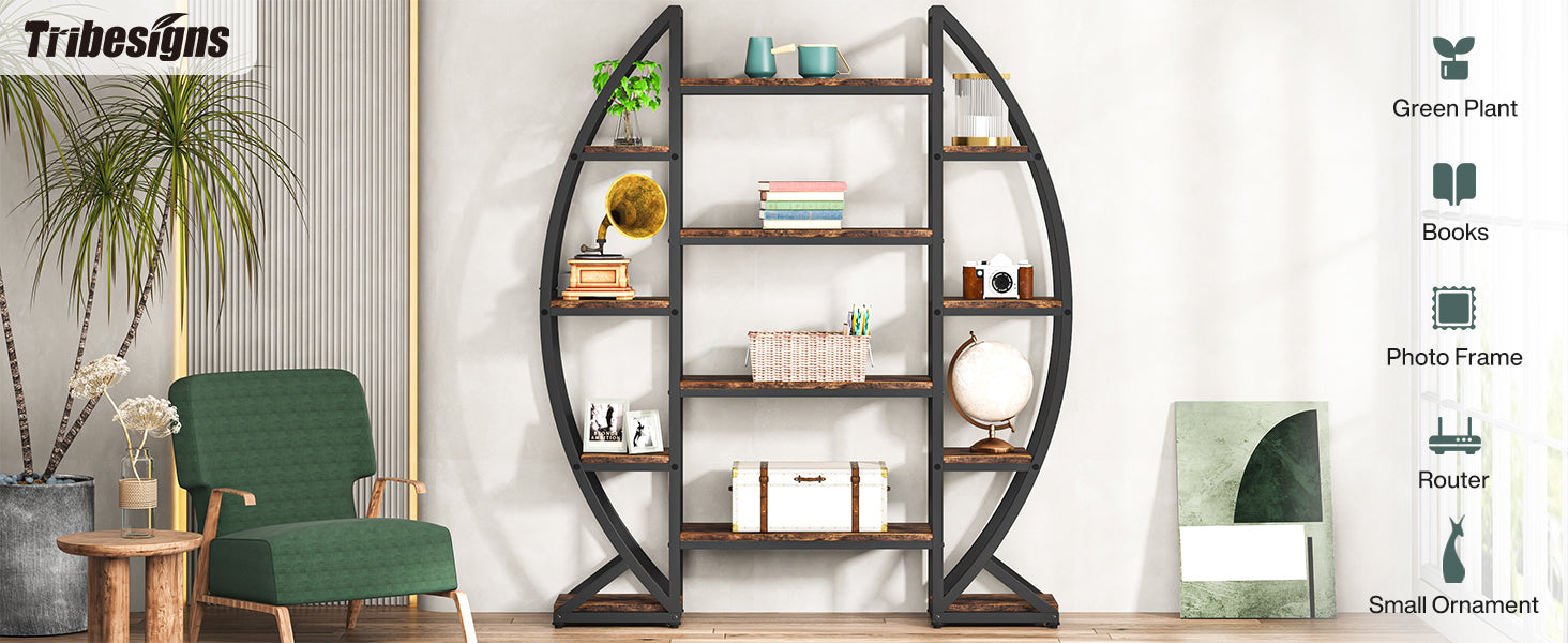 Industrial Bookshelf, Oval Triple Wide Etagere Bookcases Display Shelves