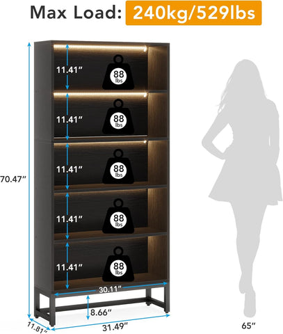 70.8" Bookcase with Lights, Large Bookshelf Organizer with 5-Tier Storage Shelves