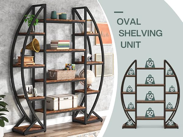 Industrial Bookshelf, Oval Triple Wide Etagere Bookcases Display Shelves