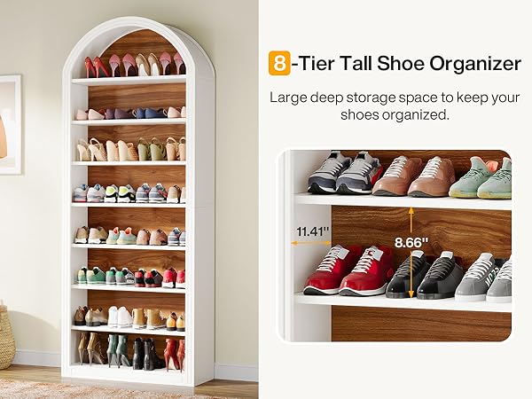6/8-Tier Tall Bookshelf, Wooden Arched Bookcase Display Shelving Unit