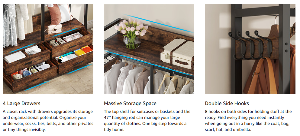 Freestanding Closet Organizer, Garment Rack with Drawers & Shelves