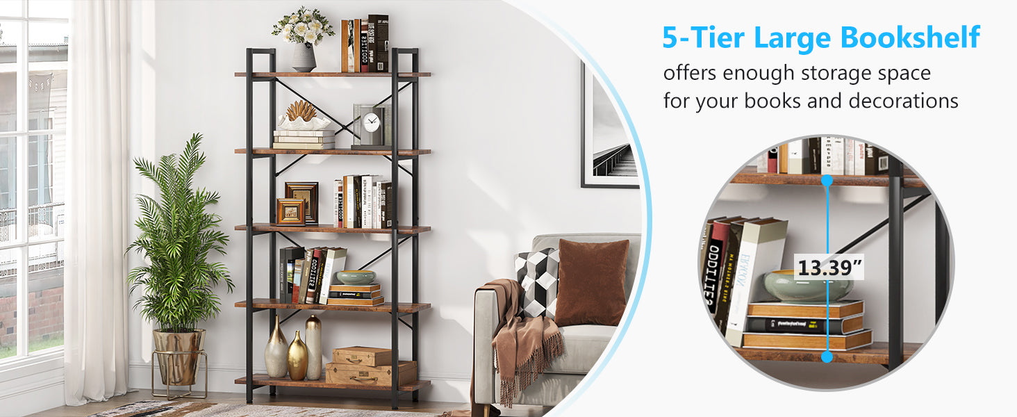 5-Tier Bookshelf, Industrial Etagere Brown Bookcase Display Shelf Unit