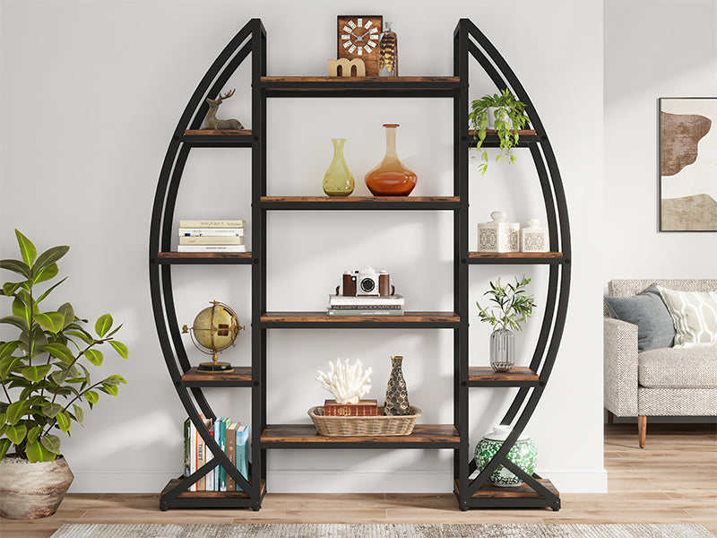 Industrial Bookshelf, Oval Triple Wide Etagere Bookcases Display Shelves