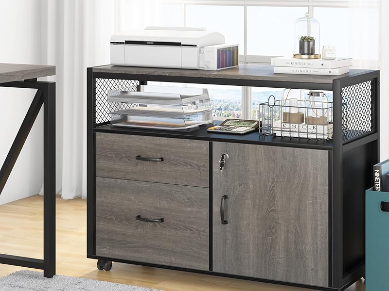 Lockable File Cabinet Printer Stand with Drawers & Caster