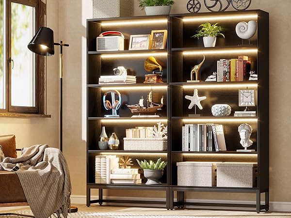 70.8" Bookcase with Lights, Large Bookshelf Organizer with 5-Tier Storage Shelves