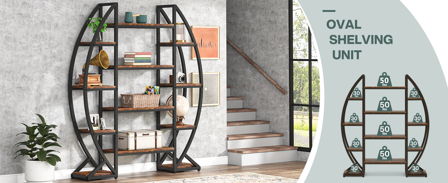 Industrial Bookshelf, Oval Triple Wide Etagere Bookcases Display Shelves
