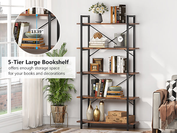5-Tier Bookshelf, Industrial Etagere Brown Bookcase Display Shelf Unit